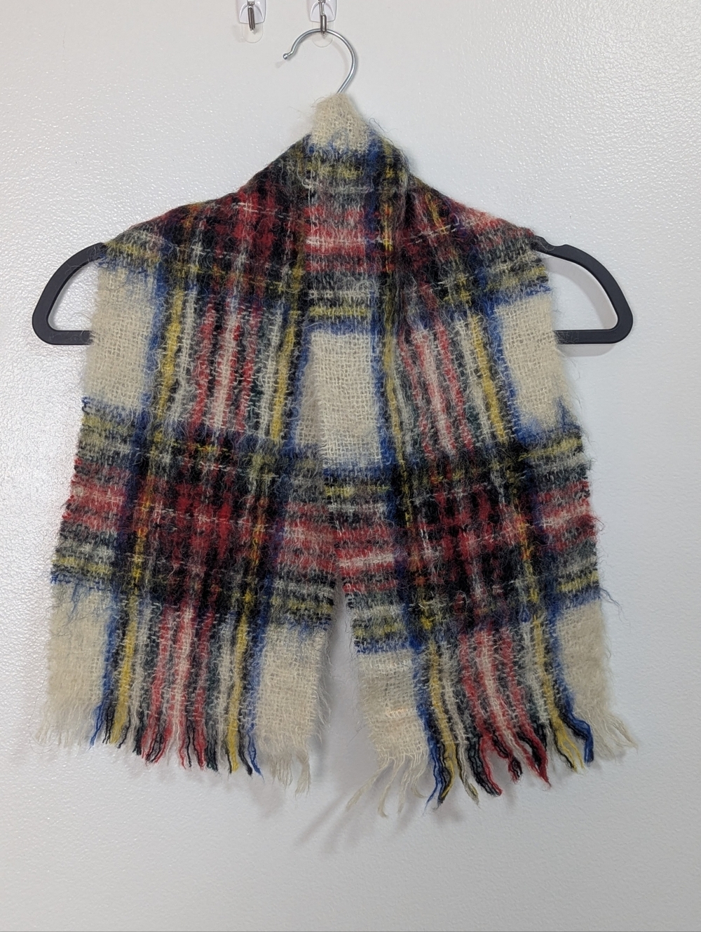 Glentana Wool & Mohair Red Cream Blue Plaid‎ Fringed Scarf Made In Scotland